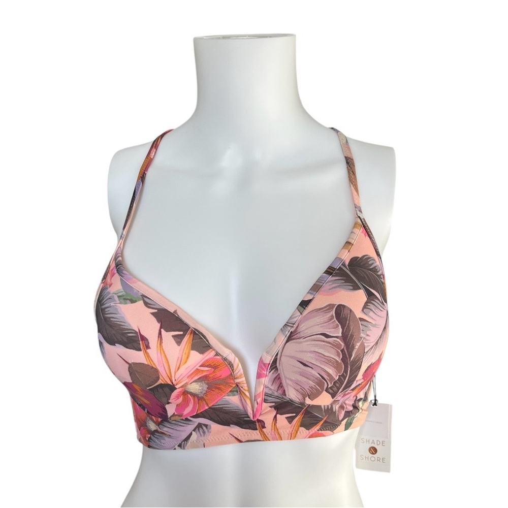 NEW Shade & Shore Bikini Top Pink Tropical Print Swim Suit Beach Womens Size 34B